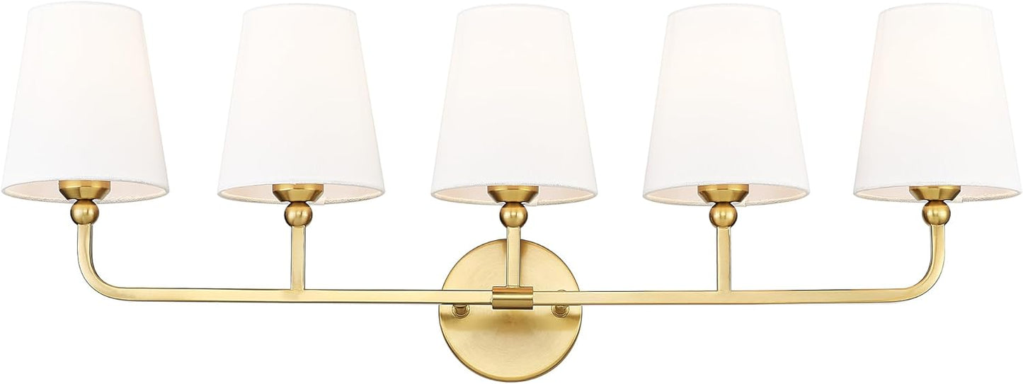 Bathroom Light Fixtures, Brushed Gold Vanity Lights with Flared White Fabric Shade, 3 Light Wall Sconce, Modern Sconces Wall Lighting for Hallway Bedroom, VL837-BG-3