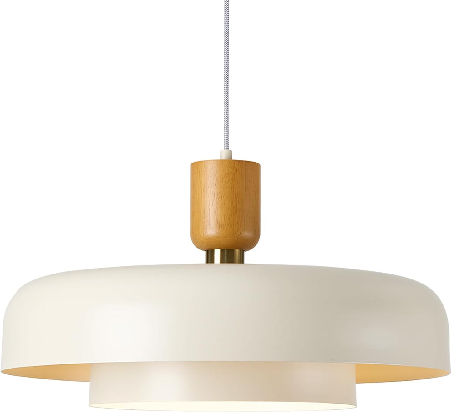 Modern Large Pendant Light 19.68 inch, 2 Tiers Matte White Shade, Natural Wood and Brass Accent, Mid Century Chandelier for Dining Room,Kitchen,Living Room