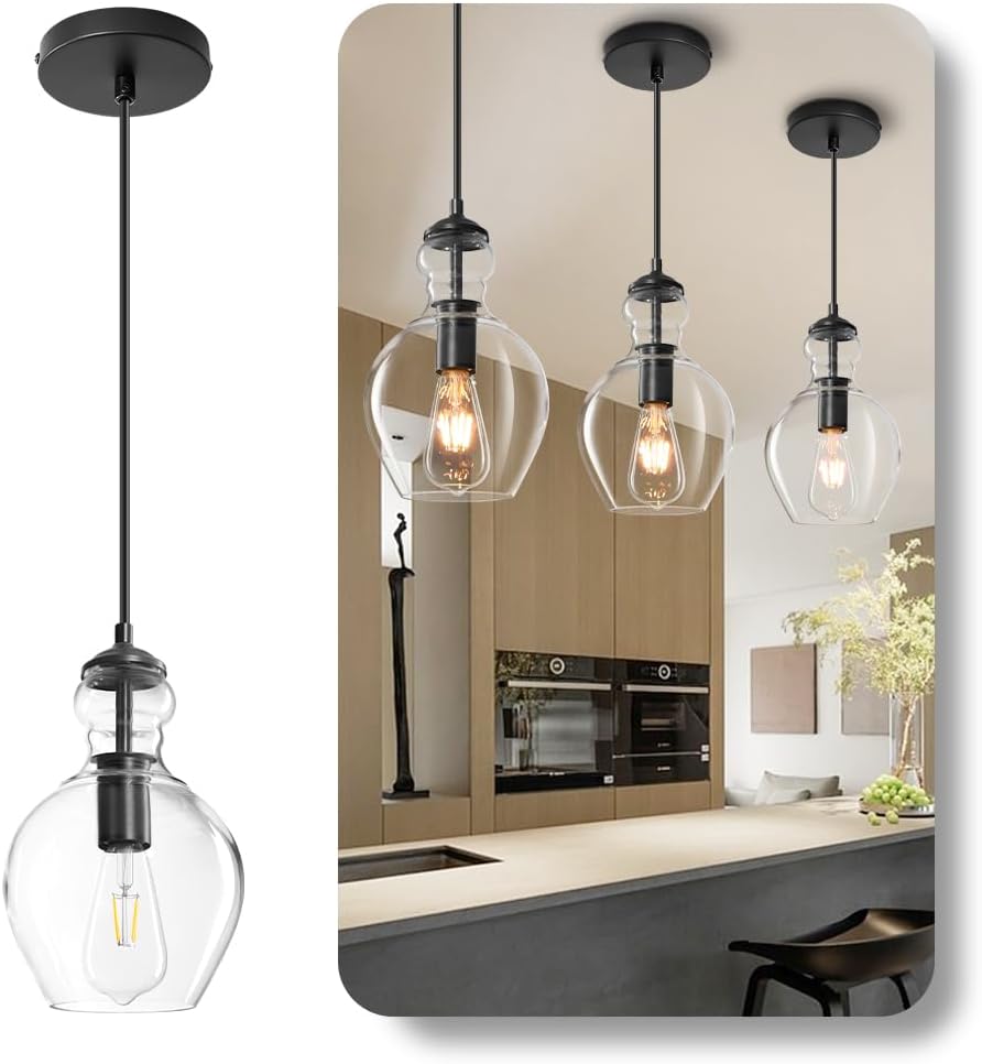 Modern Glass Pendant Lighting for Kitchen Island 2 Pack, Farmhouse Black and Gold Pendant Light Fixtures, Adjustable Hanging Ceiling Light, Angled Clear Glass Shades 8 Inch