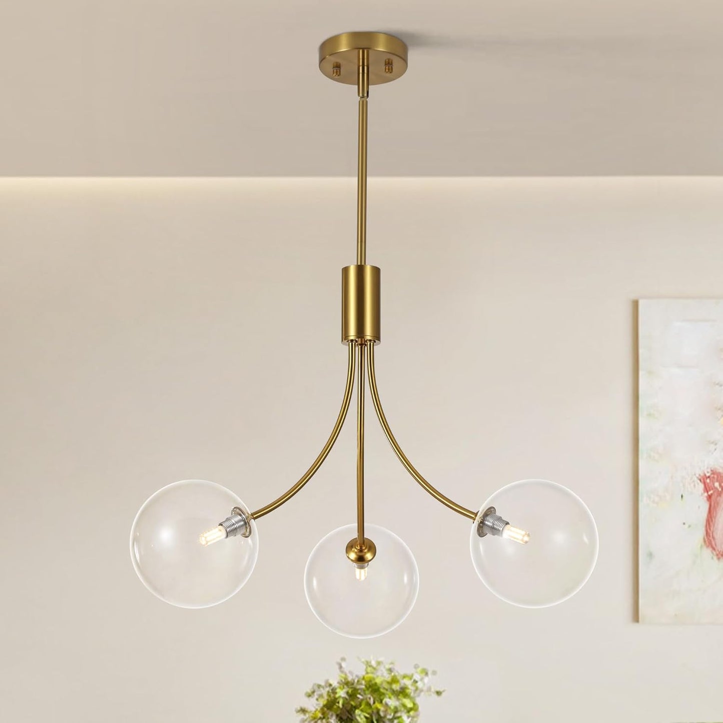 3-Light Gold Light Fixture for Kitchen,Modern Dining Room Light Fixture,Sputnik Chandeliers with Clear Glass Shade for Kitchen Island Living Room Bedroom Foyer Entryway,25.2in,G9.