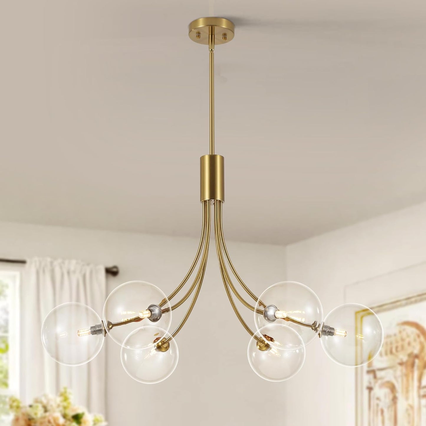 3-Light Gold Light Fixture for Kitchen,Modern Dining Room Light Fixture,Sputnik Chandeliers with Clear Glass Shade for Kitchen Island Living Room Bedroom Foyer Entryway,25.2in,G9.