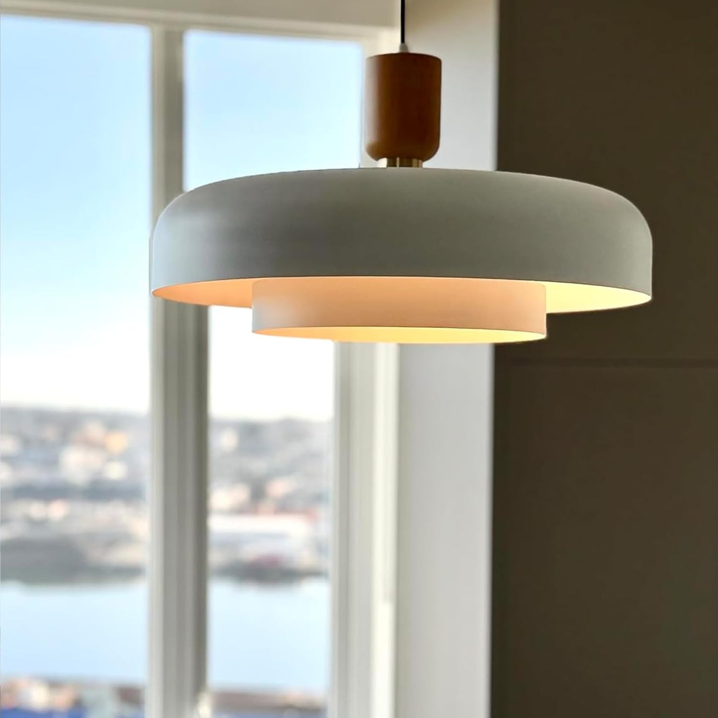 Modern Large Pendant Light 19.68 inch, 2 Tiers Matte White Shade, Natural Wood and Brass Accent, Mid Century Chandelier for Dining Room,Kitchen,Living Room