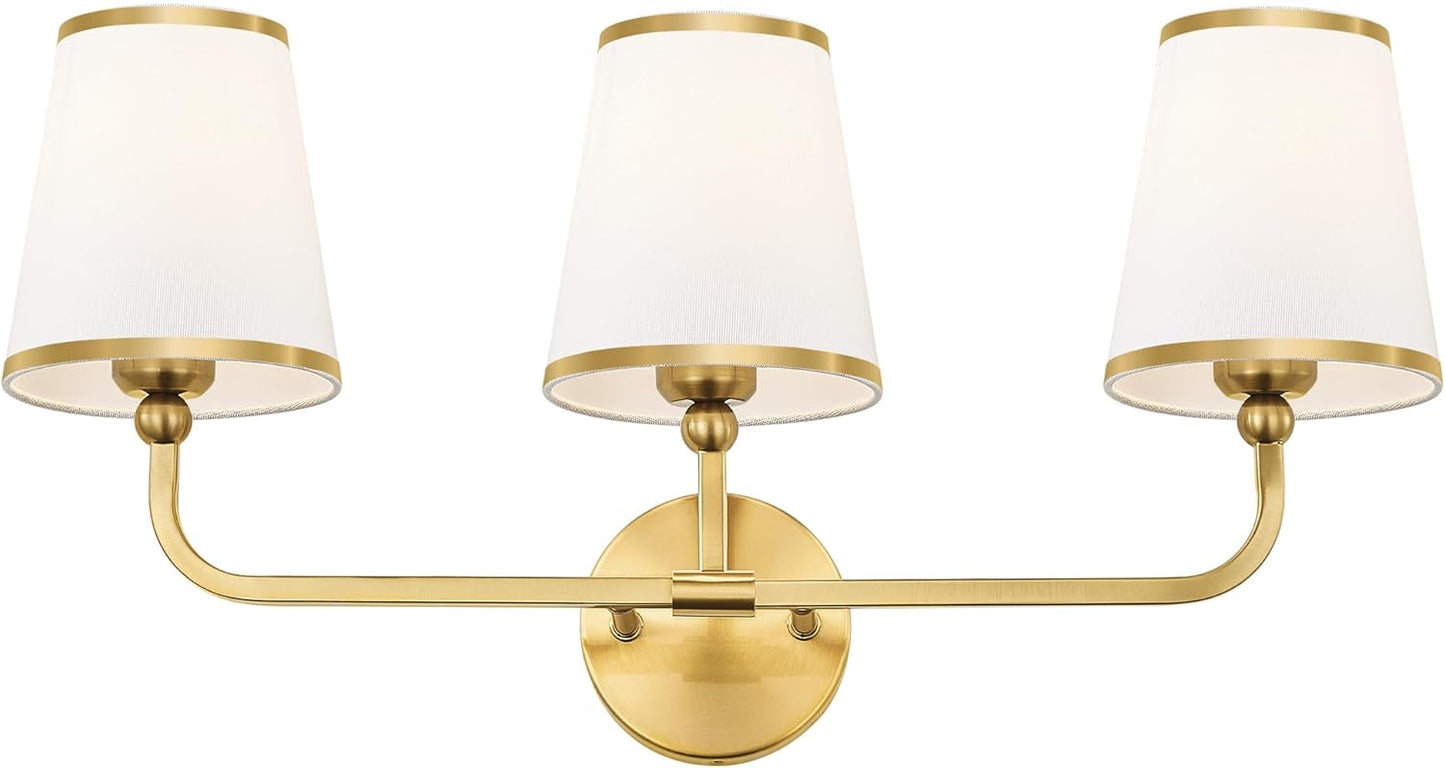 Bathroom Light Fixtures, Brushed Gold Vanity Lights with Flared White Fabric Shade, 3 Light Wall Sconce, Modern Sconces Wall Lighting for Hallway Bedroom, VL837-BG-3