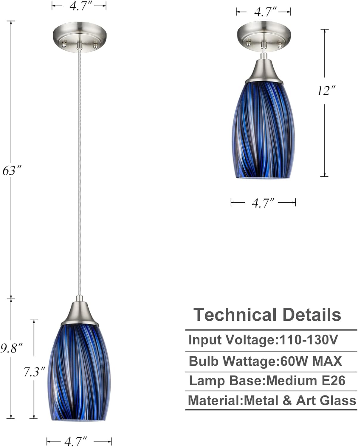 Dark Blue Glass Mini Pendant Lights for Kitchen Island 3Pack Blown Art Glass Pendant Lighting Shade Hanging Pendant Lights with Brushed Nickel Finish for Kitchen Over Sink,Dining Room