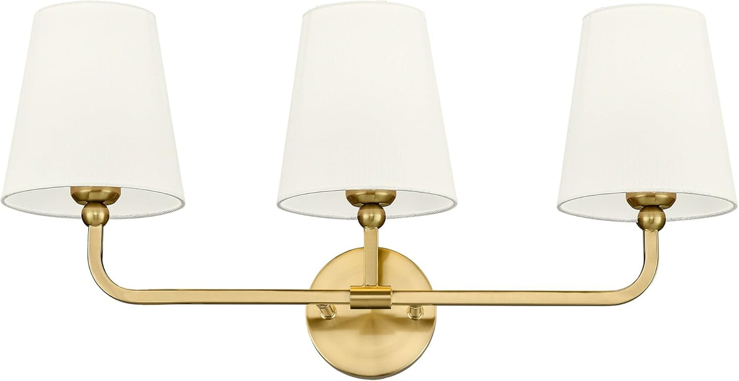 Bathroom Light Fixtures, Brushed Gold Vanity Lights with Flared White Fabric Shade, 3 Light Wall Sconce, Modern Sconces Wall Lighting for Hallway Bedroom, VL837-BG-3