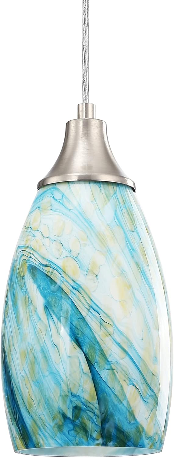 Dark Blue Glass Mini Pendant Lights for Kitchen Island 3Pack Blown Art Glass Pendant Lighting Shade Hanging Pendant Lights with Brushed Nickel Finish for Kitchen Over Sink,Dining Room