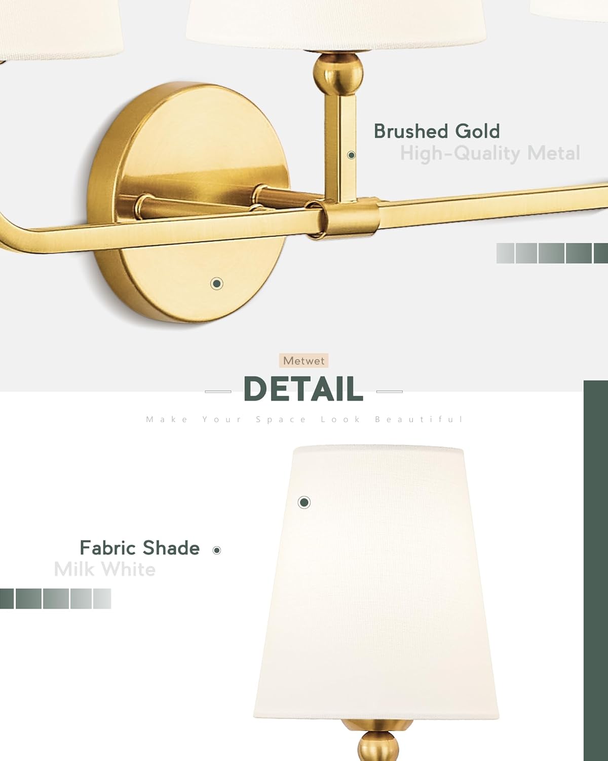 Bathroom Light Fixtures, Brushed Gold Vanity Lights with Flared White Fabric Shade, 3 Light Wall Sconce, Modern Sconces Wall Lighting for Hallway Bedroom, VL837-BG-3