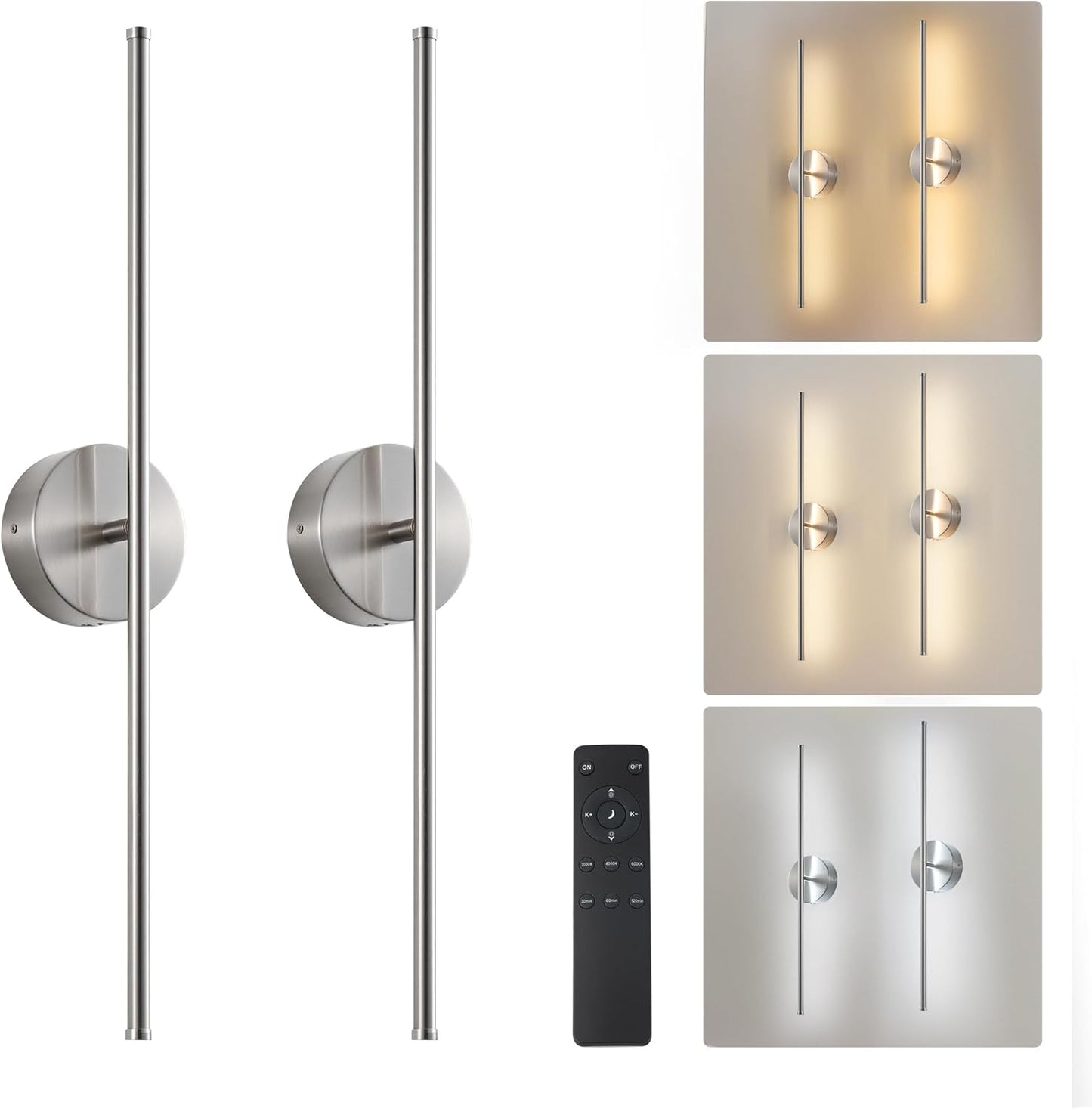 Removable Battery Operated Wall Sconces with Remote Control 350°Rotate LED Wireless Wall Lights with 3 Color Temperatures & Dimming for Bedroom, Hallway,28.3 Inch (2 Pack)