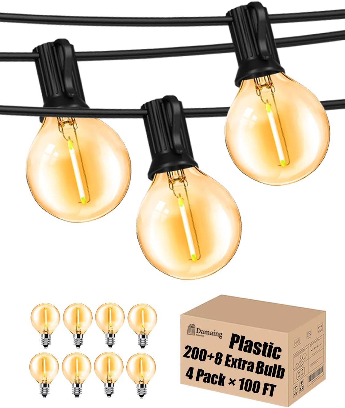 Outdoor String Lights 200FT Waterproof Globe String Lights with 104 Shatterproof G40 LED bulbs, Dimmable Connectable Patio Light String Lights for hanging Bistro Backyard Gazebo,2-Pack x 100ft