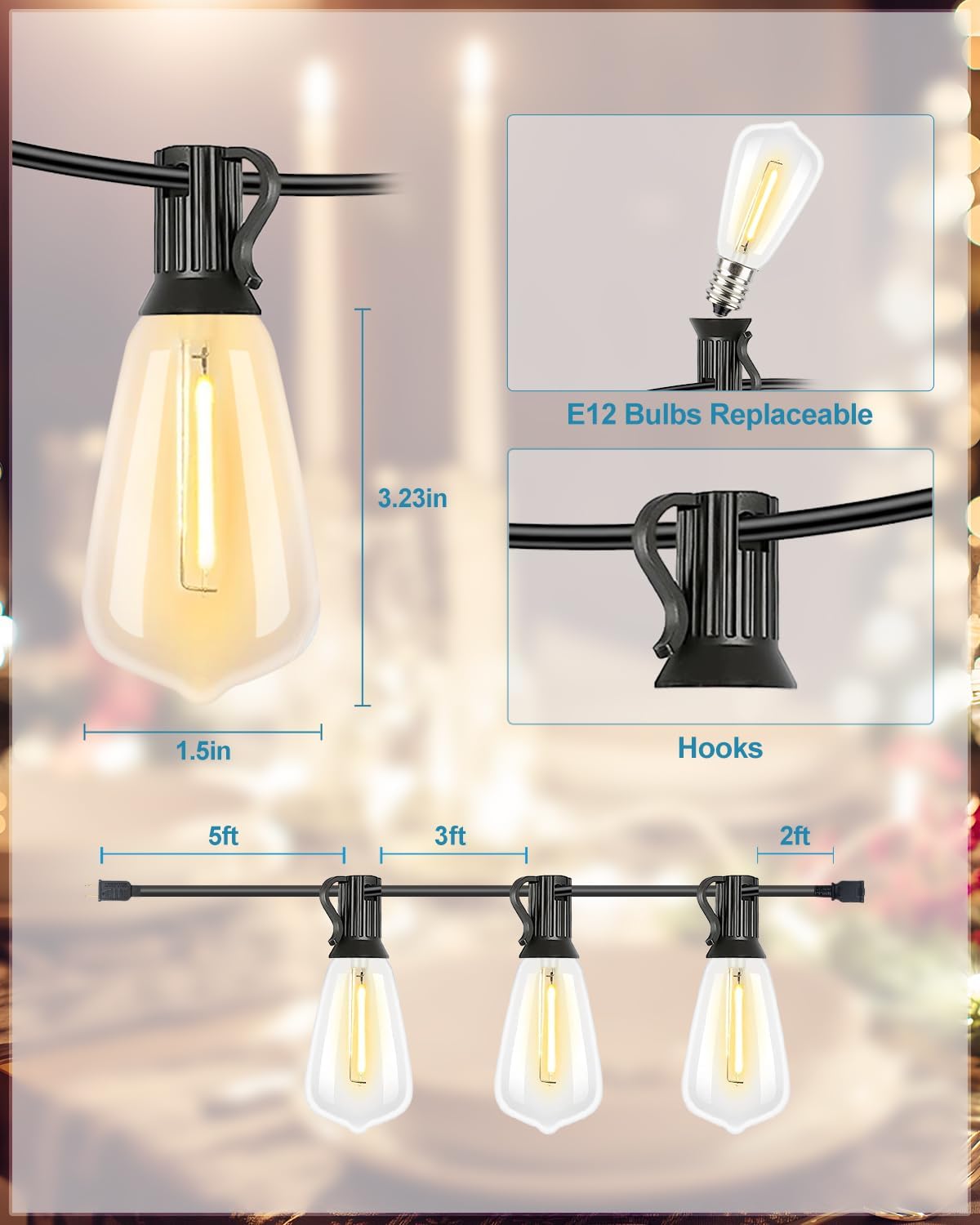 Lightdot 500FT Outdoor String Lights, LED Bistro String Lights with Shatterproof ST38 Bulbs, 2200K Dimmable, Waterproof Hanging Lights for Porch, Party, Garden, Backyard, Balcony