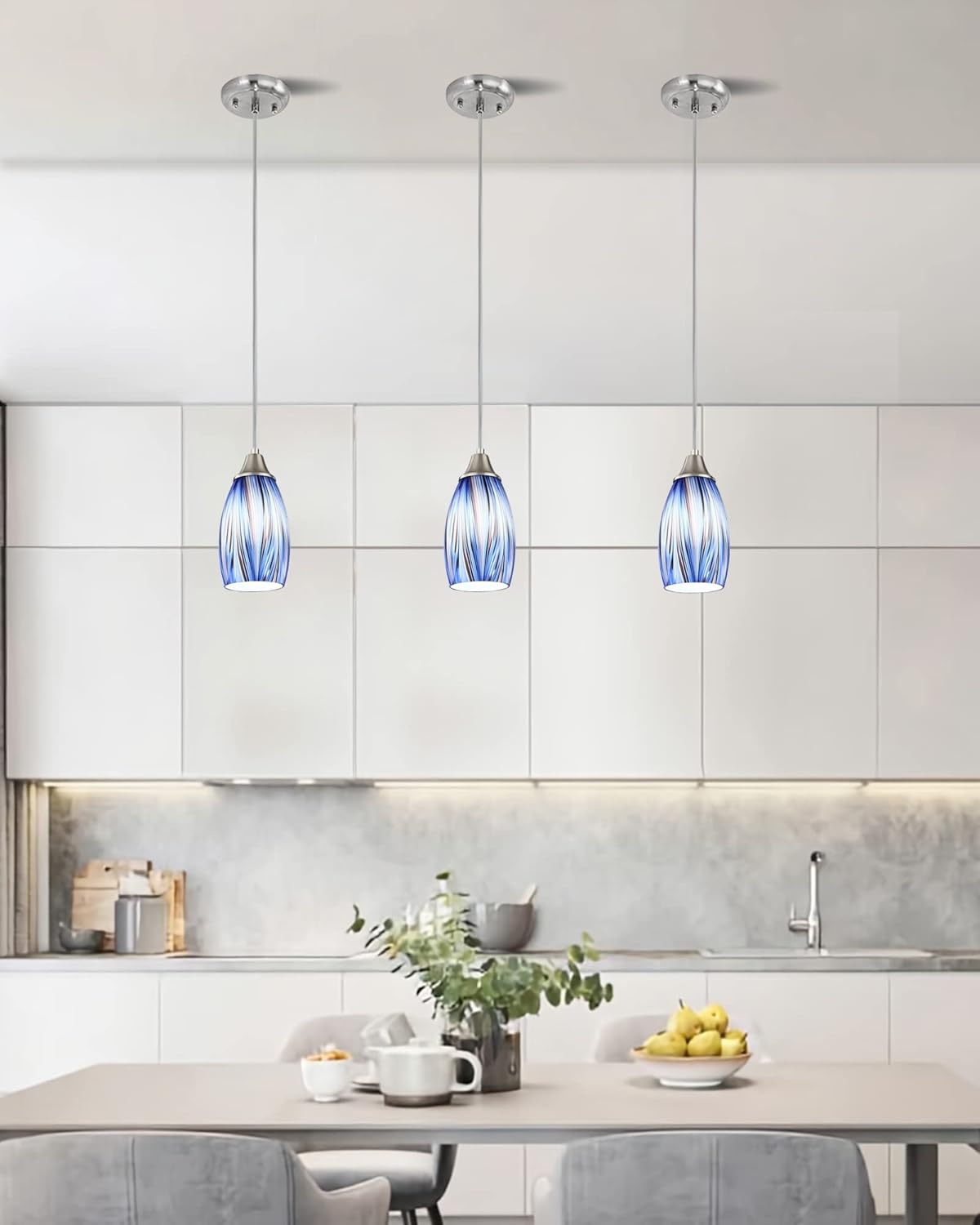 Dark Blue Glass Mini Pendant Lights for Kitchen Island 3Pack Blown Art Glass Pendant Lighting Shade Hanging Pendant Lights with Brushed Nickel Finish for Kitchen Over Sink,Dining Room
