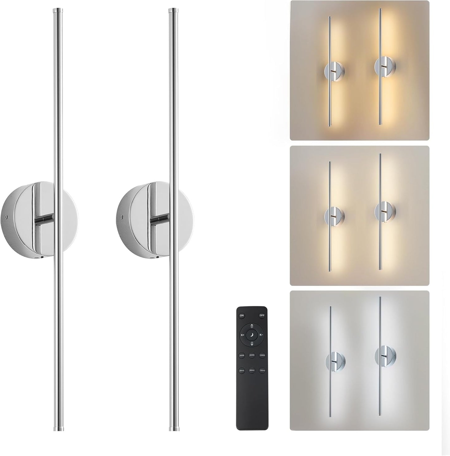 Removable Battery Operated Wall Sconces with Remote Control 350°Rotate LED Wireless Wall Lights with 3 Color Temperatures & Dimming for Bedroom, Hallway,28.3 Inch (2 Pack)