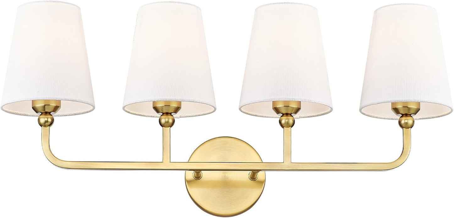 Bathroom Light Fixtures, Brushed Gold Vanity Lights with Flared White Fabric Shade, 3 Light Wall Sconce, Modern Sconces Wall Lighting for Hallway Bedroom, VL837-BG-3
