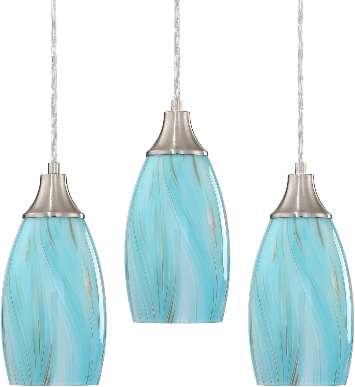Dark Blue Glass Mini Pendant Lights for Kitchen Island 3Pack Blown Art Glass Pendant Lighting Shade Hanging Pendant Lights with Brushed Nickel Finish for Kitchen Over Sink,Dining Room