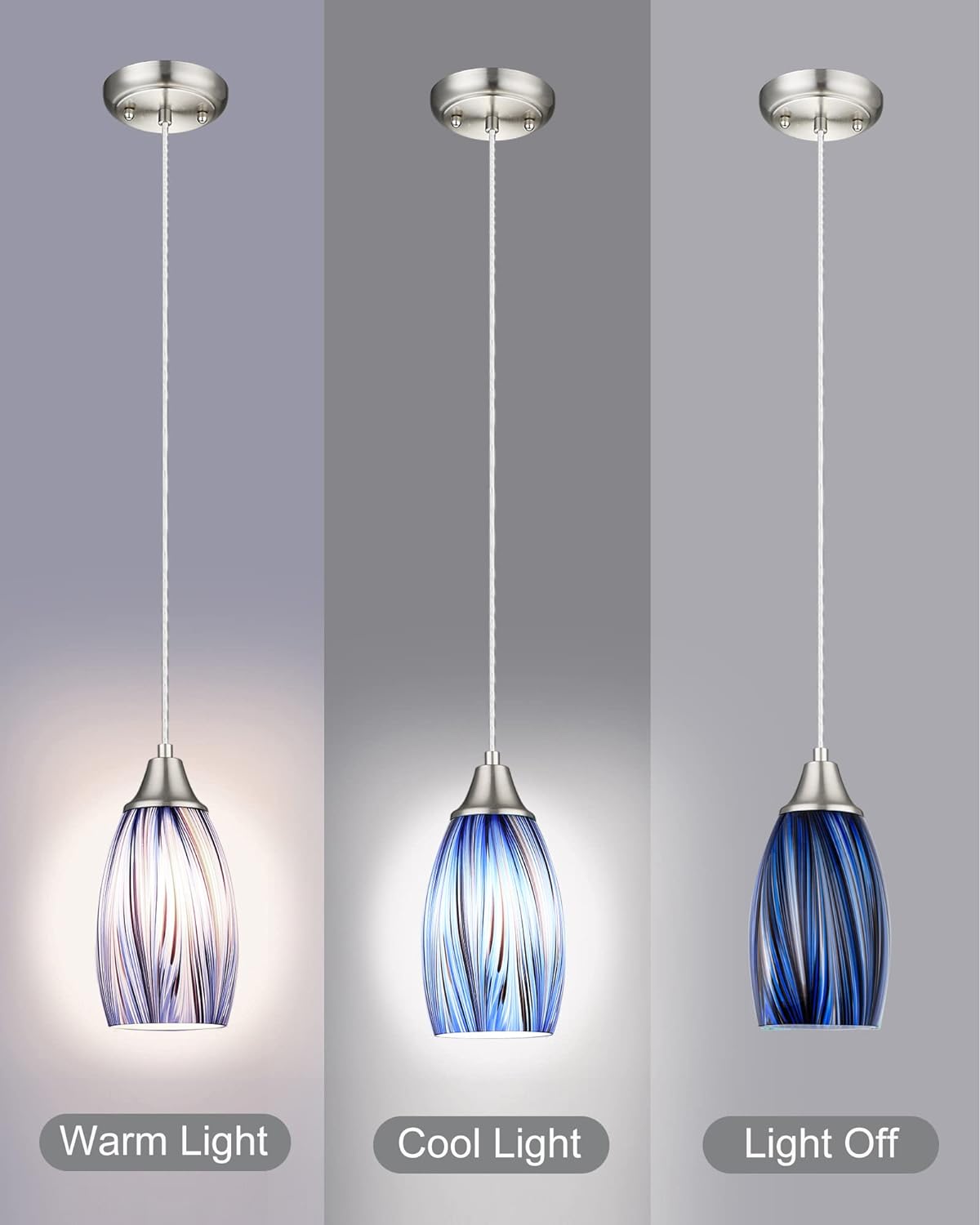 Dark Blue Glass Mini Pendant Lights for Kitchen Island 3Pack Blown Art Glass Pendant Lighting Shade Hanging Pendant Lights with Brushed Nickel Finish for Kitchen Over Sink,Dining Room