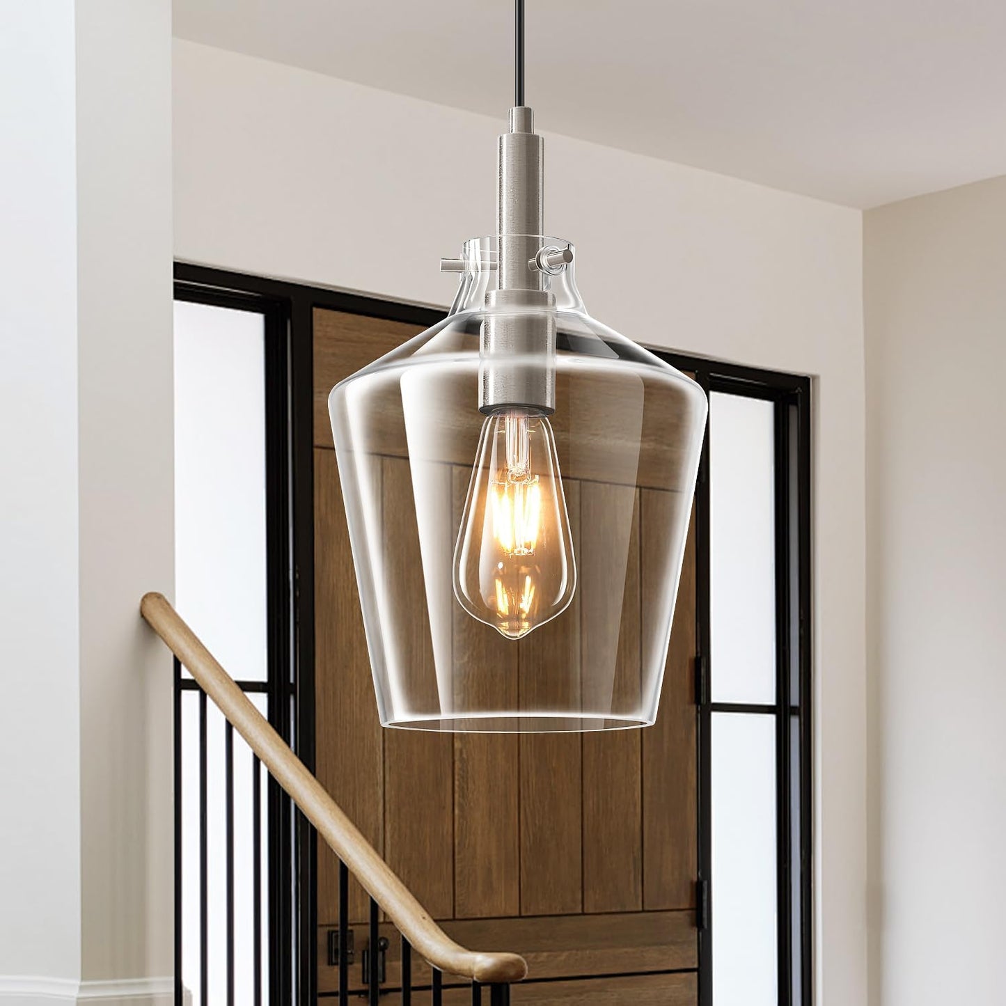 Modern Glass Pendant Lighting for Kitchen Island 2 Pack, Farmhouse Black and Gold Pendant Light Fixtures, Adjustable Hanging Ceiling Light, Angled Clear Glass Shades 8 Inch