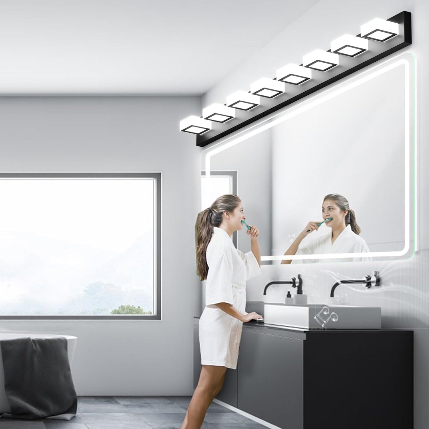 Ralbay 52inch Black Vanity Lights 8 Lights Dimmable 5 Color Temperature Acrylic Modern LED Bathroom Vanity Lighting Fixtures Matte Black