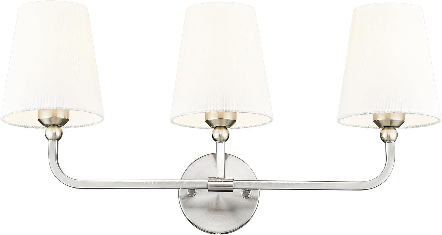 Bathroom Light Fixtures, Brushed Gold Vanity Lights with Flared White Fabric Shade, 3 Light Wall Sconce, Modern Sconces Wall Lighting for Hallway Bedroom, VL837-BG-3