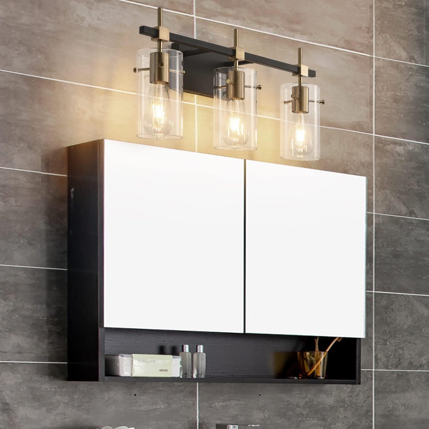 SOLFART Vintage Vanity Lights Bathroom Light Fixture Over Mirror for Bath Glass Shade Light Black and Brass Modern Style 3 Lights