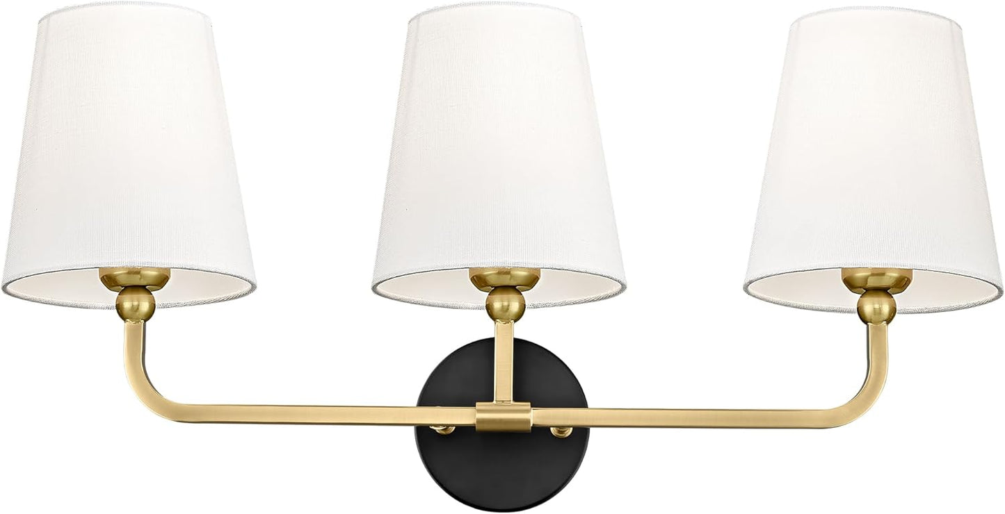 Bathroom Light Fixtures, Brushed Gold Vanity Lights with Flared White Fabric Shade, 3 Light Wall Sconce, Modern Sconces Wall Lighting for Hallway Bedroom, VL837-BG-3