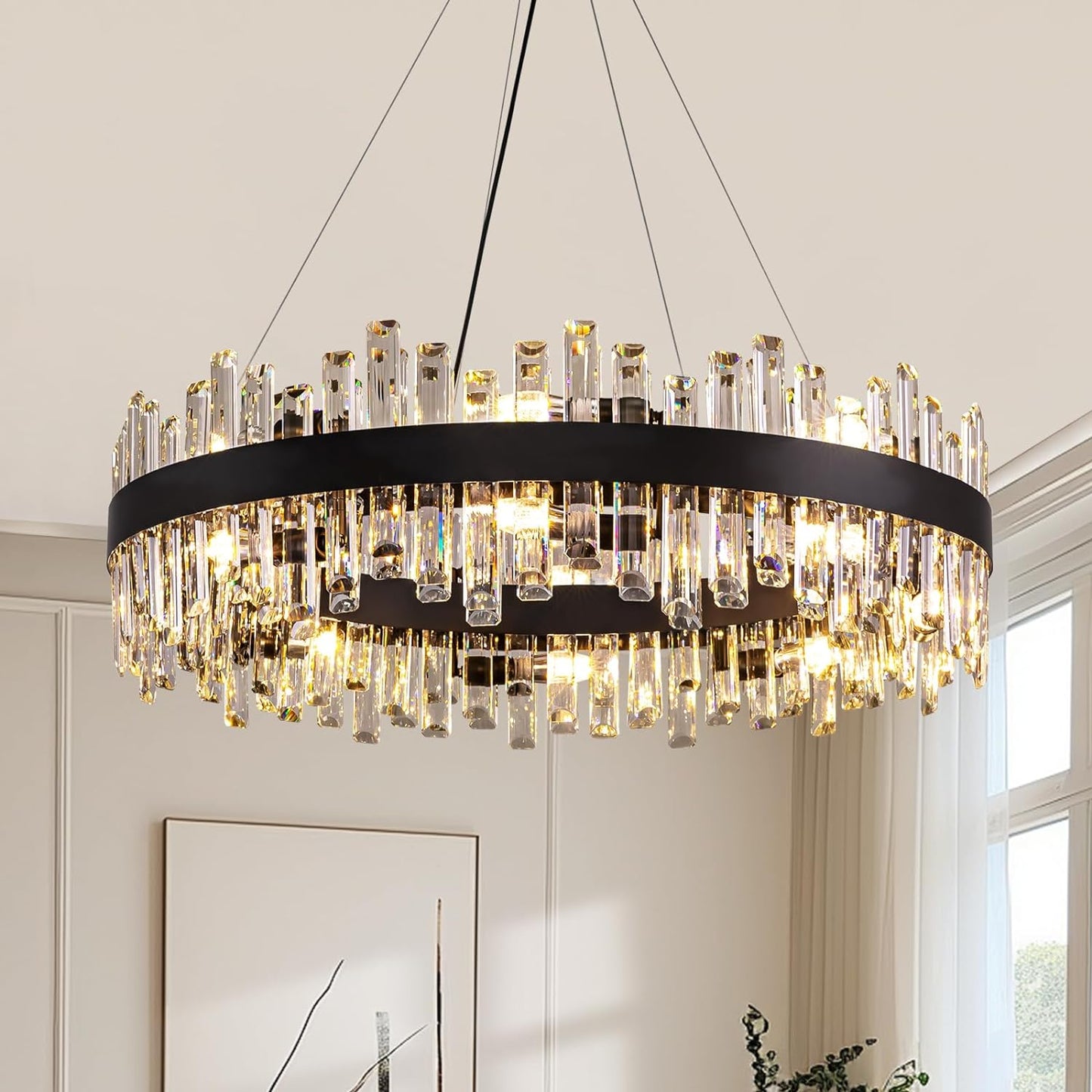 Siljoy Modern Crystal Chandelier 12-Light Brushed Gold 2-Tiers Crystal Raindrop Chandelier Adjustable Flush Mount Pendant Ceiling Light Fixture for Dining Living Room Foyer Entryway D23.6''
