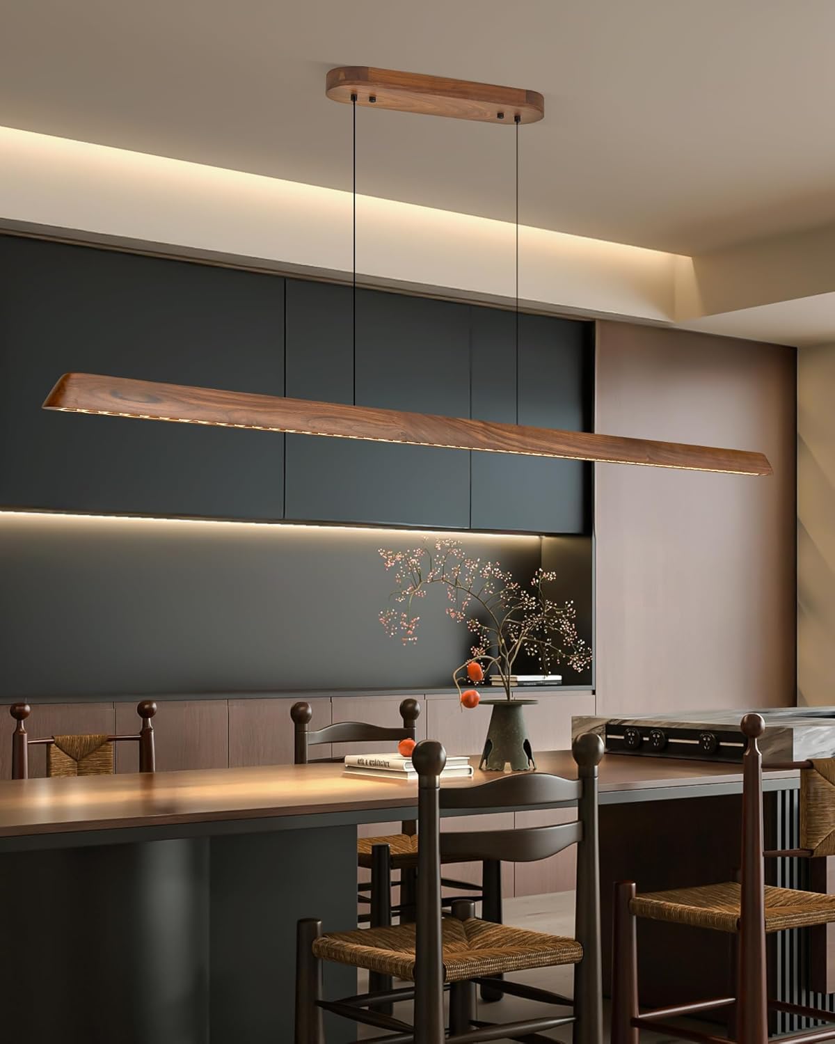 47" Wood Linear Pendant Light, Dimmable Kitchen Island Lighting with Remote, 30W LED Island Lights for Kitchen, Adjustable Linear Chandelier for Dinning Room Light Fixture, Bar, Pool Table - Walnut