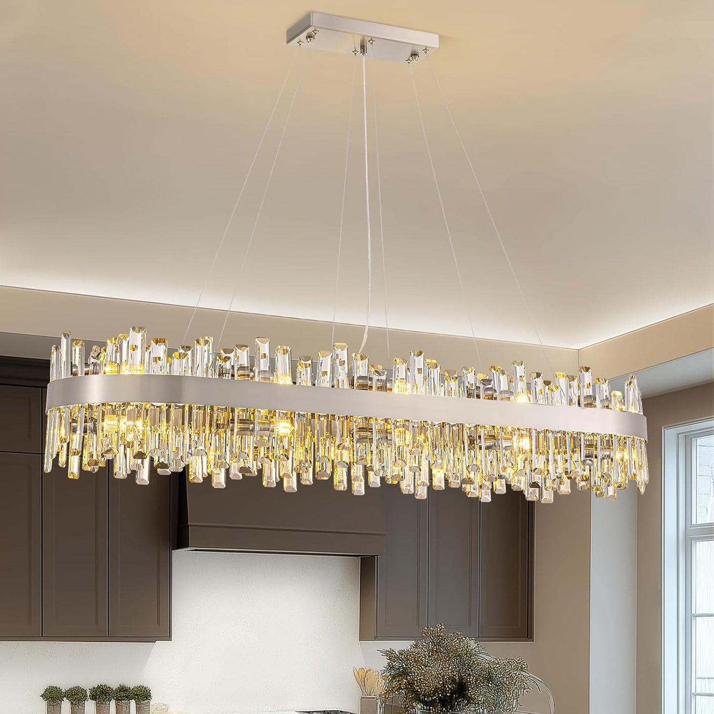 Siljoy Modern Crystal Chandelier 12-Light Brushed Gold 2-Tiers Crystal Raindrop Chandelier Adjustable Flush Mount Pendant Ceiling Light Fixture for Dining Living Room Foyer Entryway D23.6''