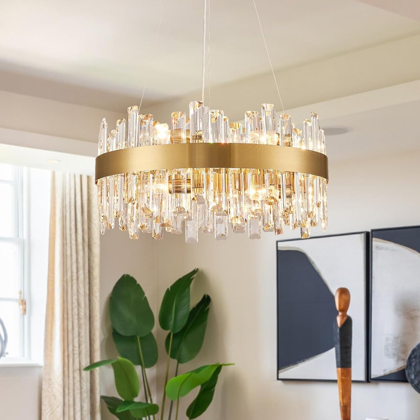 Siljoy Modern Crystal Chandelier 12-Light Brushed Gold 2-Tiers Crystal Raindrop Chandelier Adjustable Flush Mount Pendant Ceiling Light Fixture for Dining Living Room Foyer Entryway D23.6''