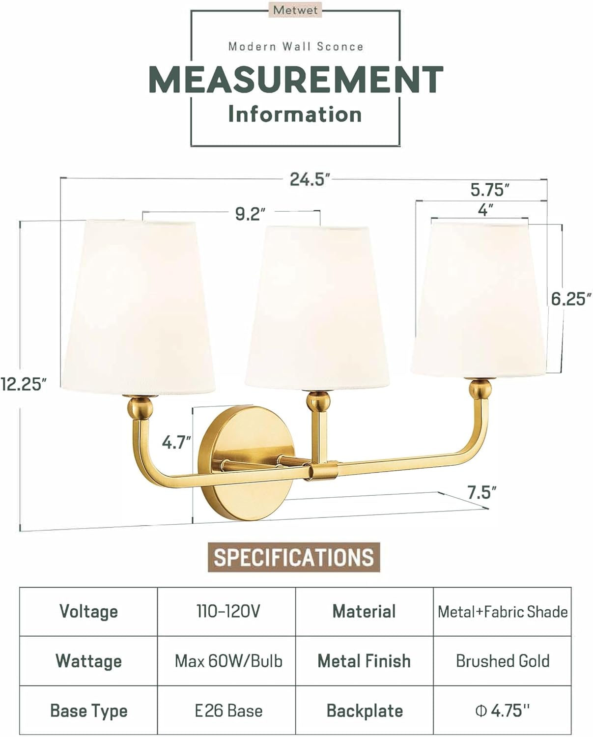 Bathroom Light Fixtures, Brushed Gold Vanity Lights with Flared White Fabric Shade, 3 Light Wall Sconce, Modern Sconces Wall Lighting for Hallway Bedroom, VL837-BG-3