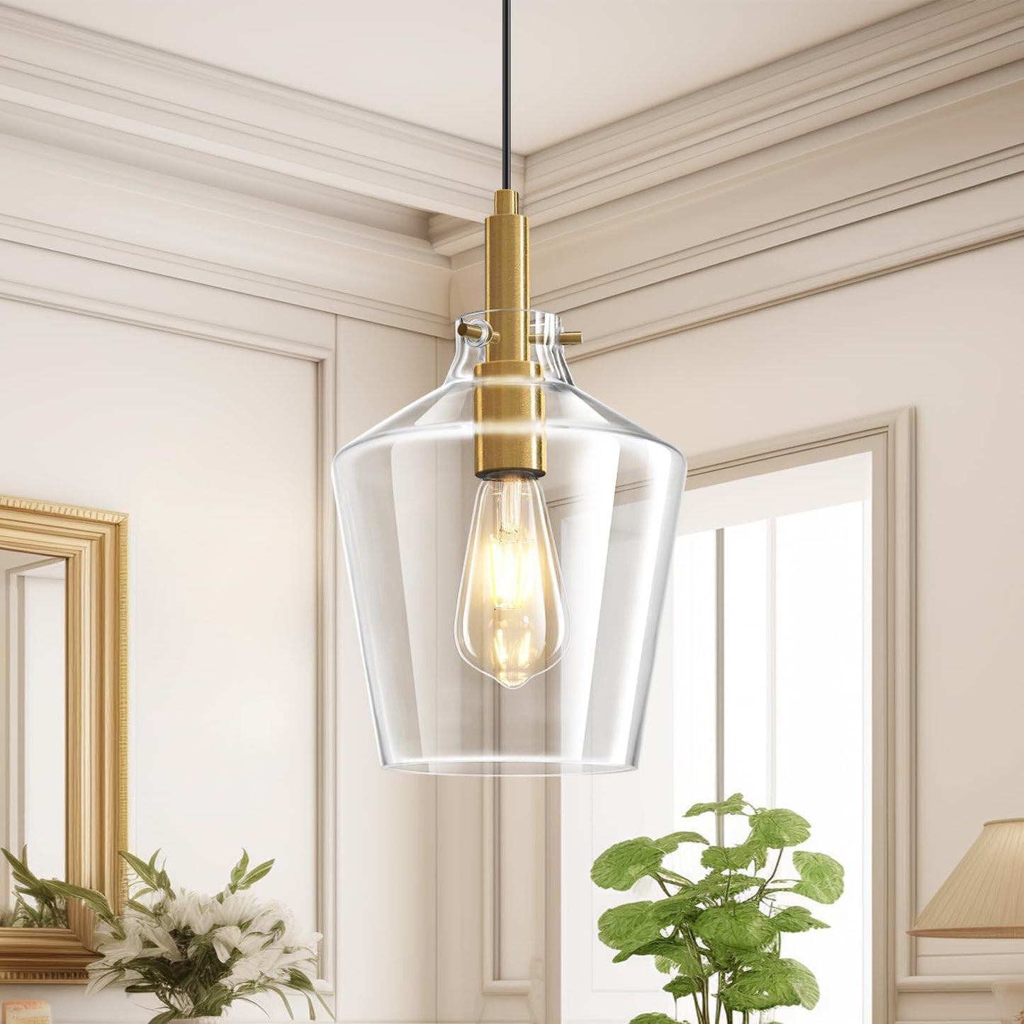 Modern Glass Pendant Lighting for Kitchen Island 2 Pack, Farmhouse Black and Gold Pendant Light Fixtures, Adjustable Hanging Ceiling Light, Angled Clear Glass Shades 8 Inch
