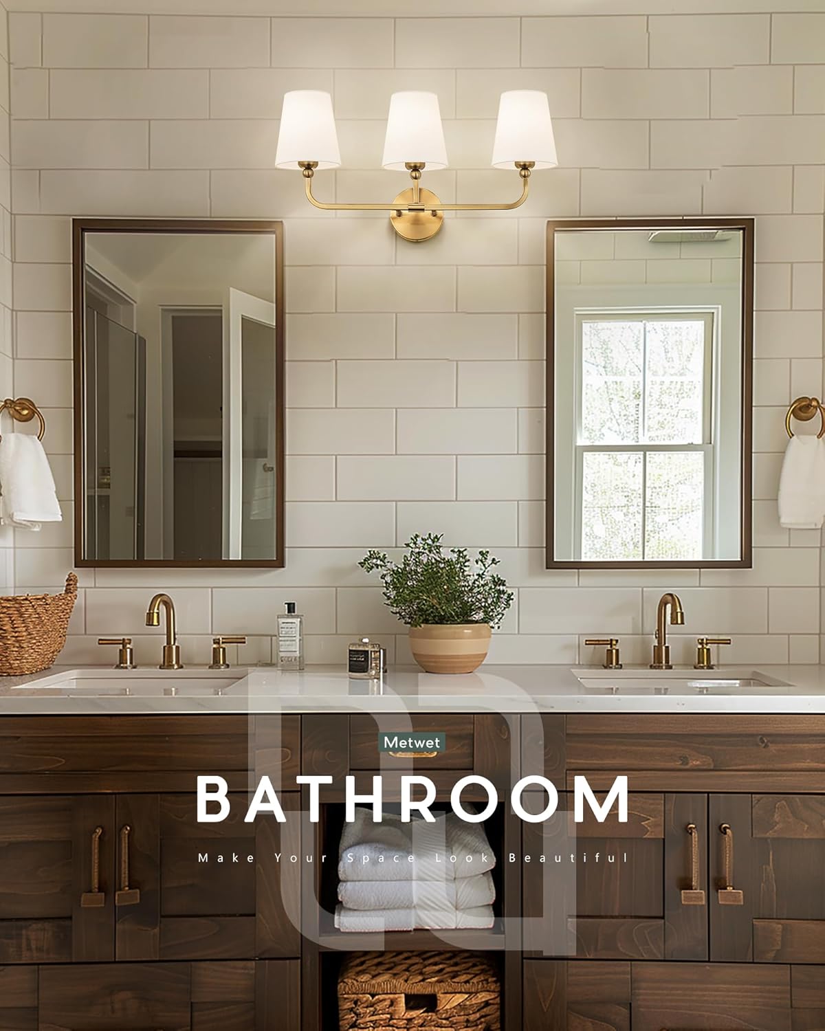Bathroom Light Fixtures, Brushed Gold Vanity Lights with Flared White Fabric Shade, 3 Light Wall Sconce, Modern Sconces Wall Lighting for Hallway Bedroom, VL837-BG-3
