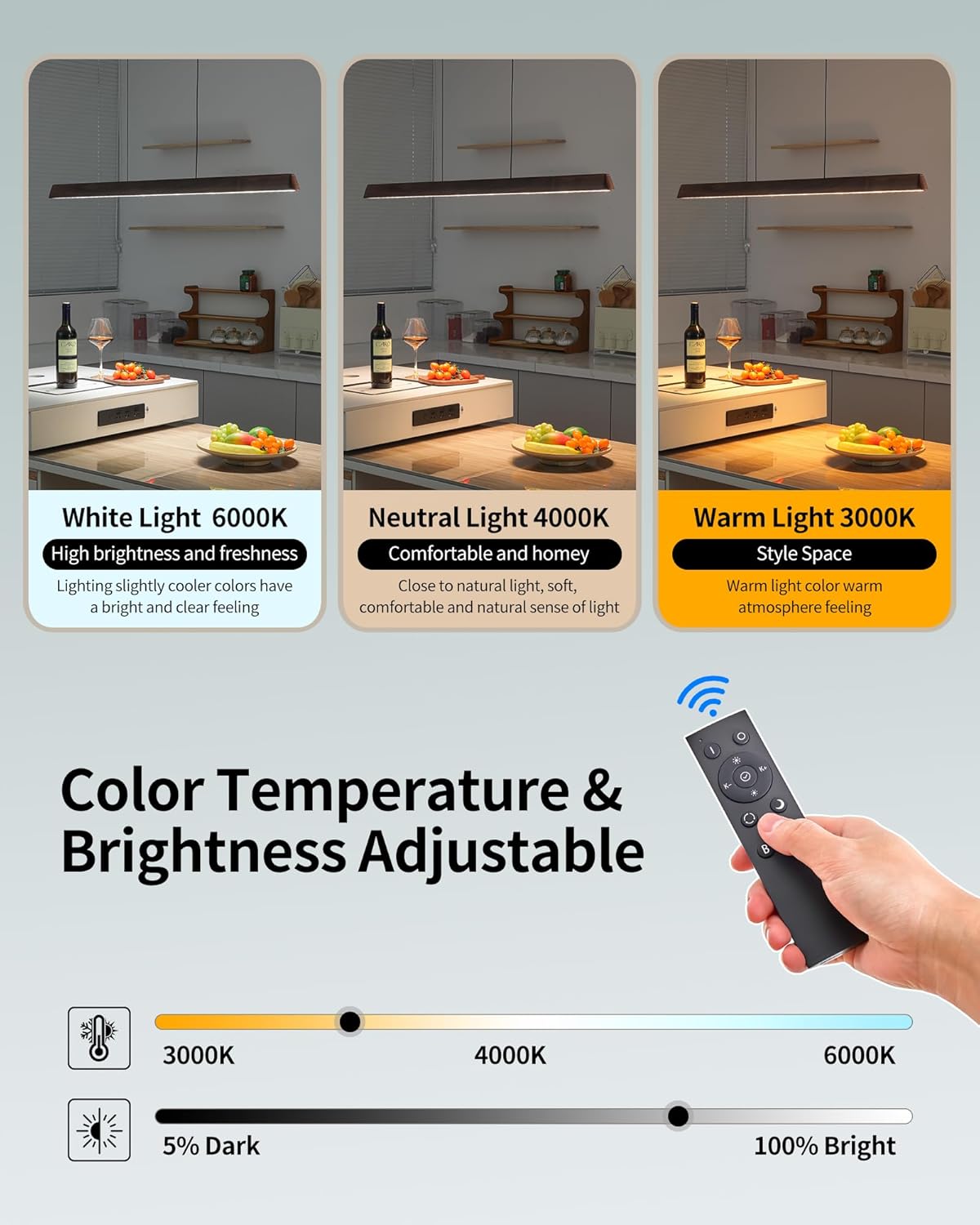 47" Wood Linear Pendant Light, Dimmable Kitchen Island Lighting with Remote, 30W LED Island Lights for Kitchen, Adjustable Linear Chandelier for Dinning Room Light Fixture, Bar, Pool Table - Walnut