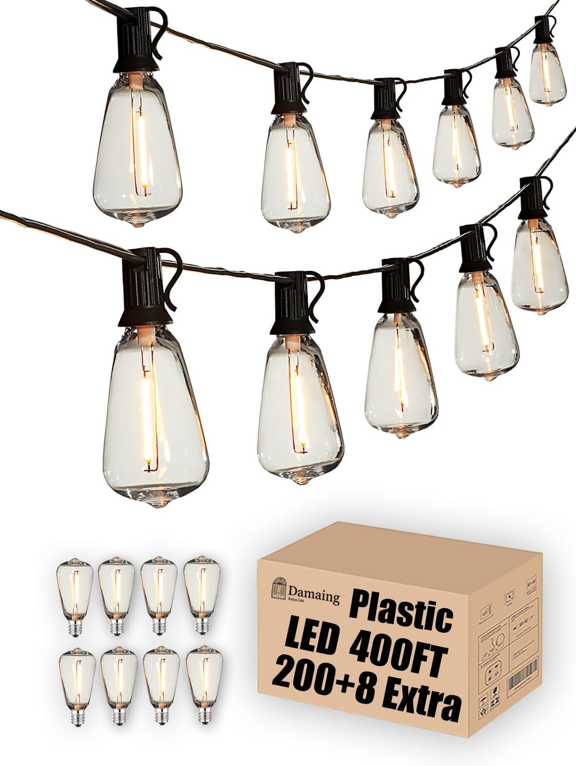 Outdoor String Lights 200FT Waterproof Globe String Lights with 104 Shatterproof G40 LED bulbs, Dimmable Connectable Patio Light String Lights for hanging Bistro Backyard Gazebo,2-Pack x 100ft