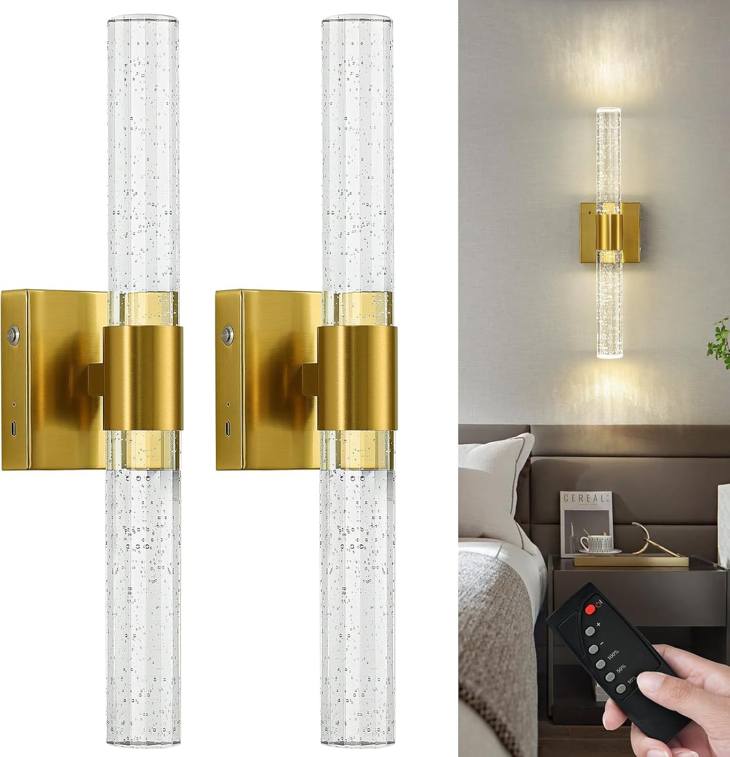 Wireless Wall Sconces Set of Two Battery Operated, 4000K Dimmable Crystal LED Bathroom Sconces Wall Lighting Modern Indoor Nickel Wall Lights for Bedroom Living Room