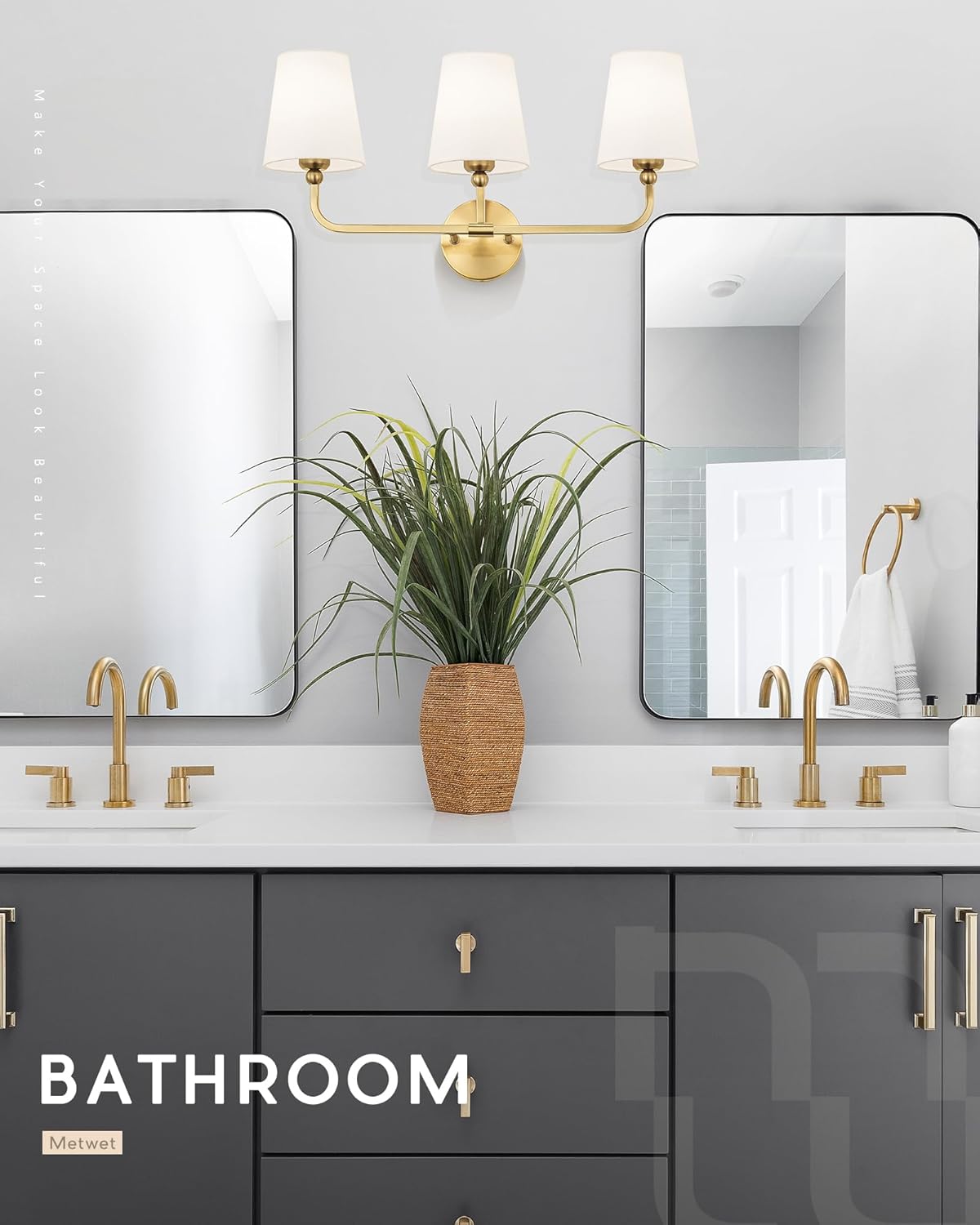Bathroom Light Fixtures, Brushed Gold Vanity Lights with Flared White Fabric Shade, 3 Light Wall Sconce, Modern Sconces Wall Lighting for Hallway Bedroom, VL837-BG-3
