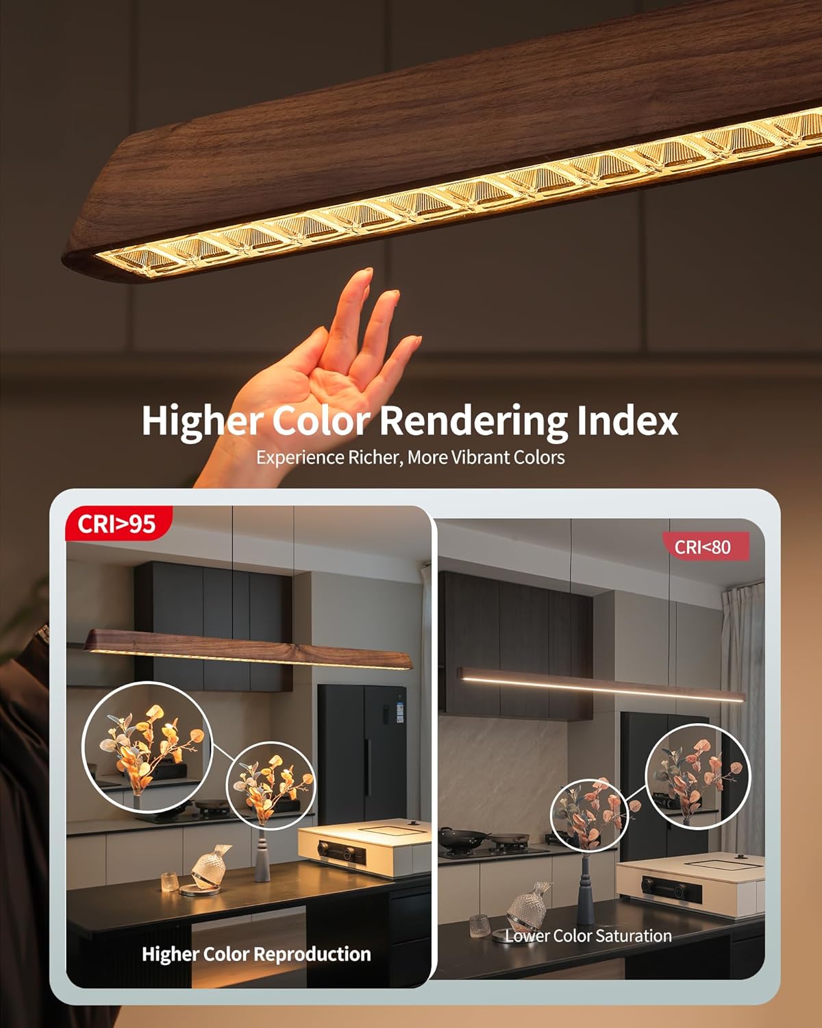 47" Wood Linear Pendant Light, Dimmable Kitchen Island Lighting with Remote, 30W LED Island Lights for Kitchen, Adjustable Linear Chandelier for Dinning Room Light Fixture, Bar, Pool Table - Walnut