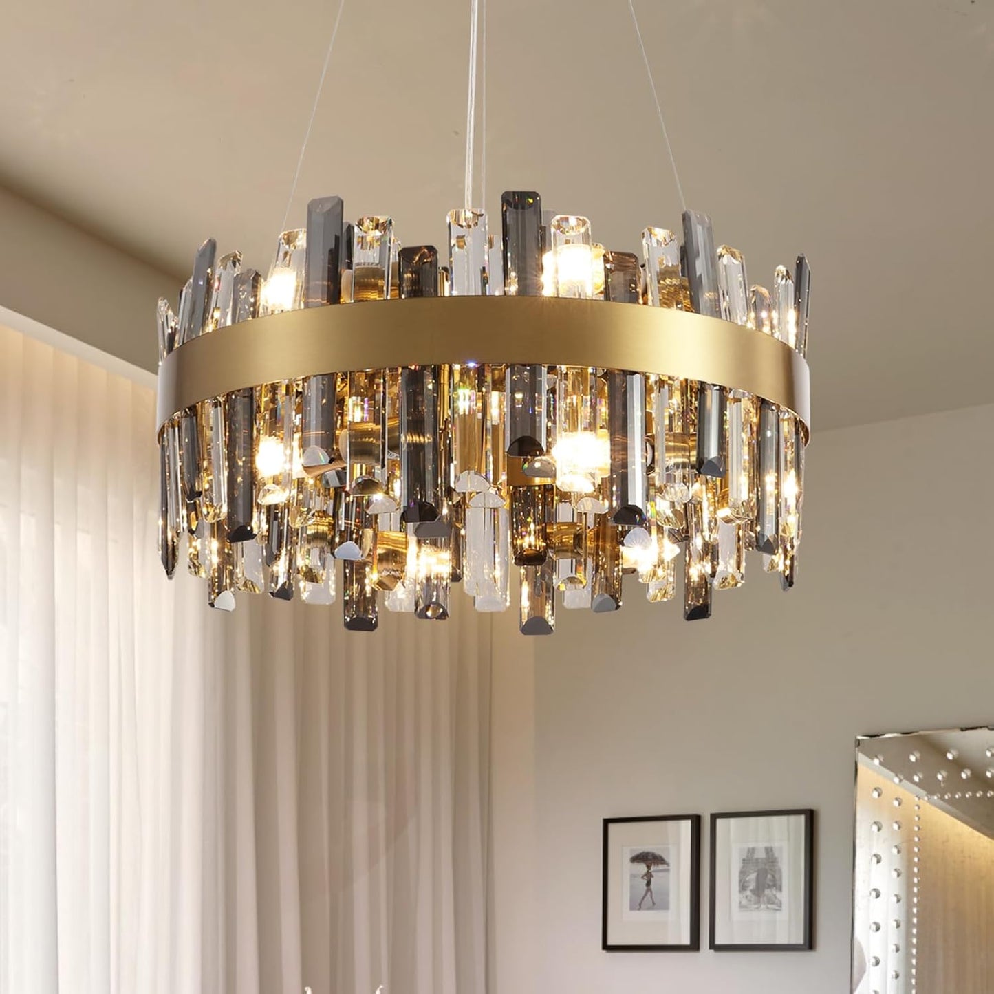 Siljoy Modern Crystal Chandelier 12-Light Brushed Gold 2-Tiers Crystal Raindrop Chandelier Adjustable Flush Mount Pendant Ceiling Light Fixture for Dining Living Room Foyer Entryway D23.6''