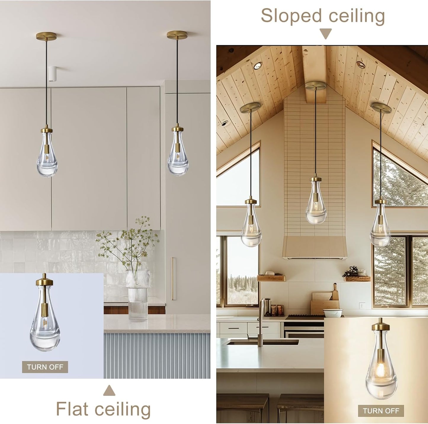 Raindrop Pendant Light Fixtures Set of Two, Brass Glass Pendant Lighting, Teardrops Pendant Lights Kitchen Island, Indoor Pendant Light for Kitchen Island Bedroom Bathroom, Included Bulb
