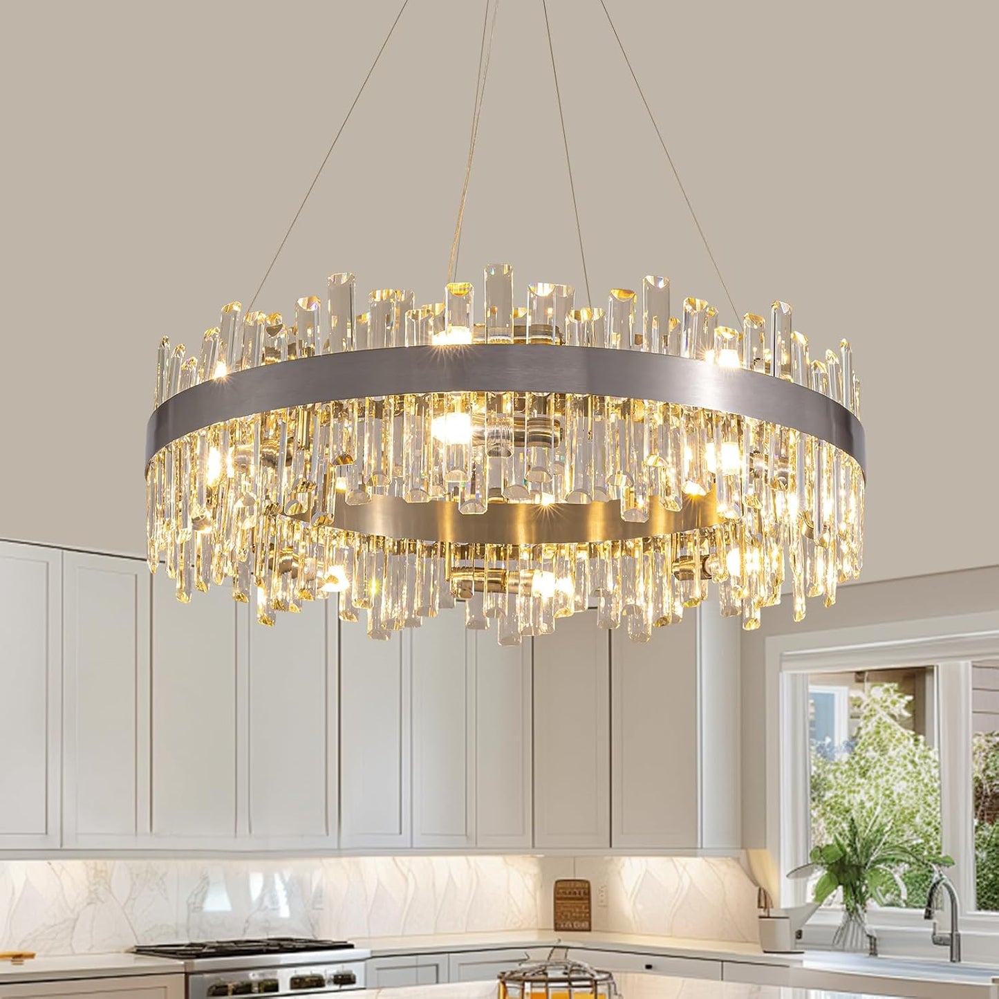Siljoy Modern Crystal Chandelier 12-Light Brushed Gold 2-Tiers Crystal Raindrop Chandelier Adjustable Flush Mount Pendant Ceiling Light Fixture for Dining Living Room Foyer Entryway D23.6''
