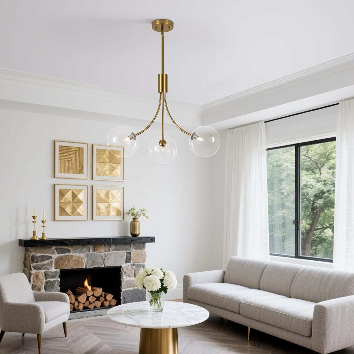 3-Light Gold Light Fixture for Kitchen,Modern Dining Room Light Fixture,Sputnik Chandeliers with Clear Glass Shade for Kitchen Island Living Room Bedroom Foyer Entryway,25.2in,G9.