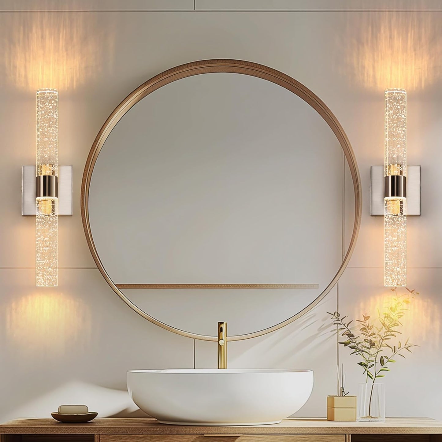 DORESshop Modern Wall Sconces Set of Two, 3CCT Crystal Bathroom Sconces Wall Light, Brushed Nickel Vanity Light Fixture, Sconce Wall Decor Set of 2, Wall Lights for Bedroom, Living Room, Hallway 18in