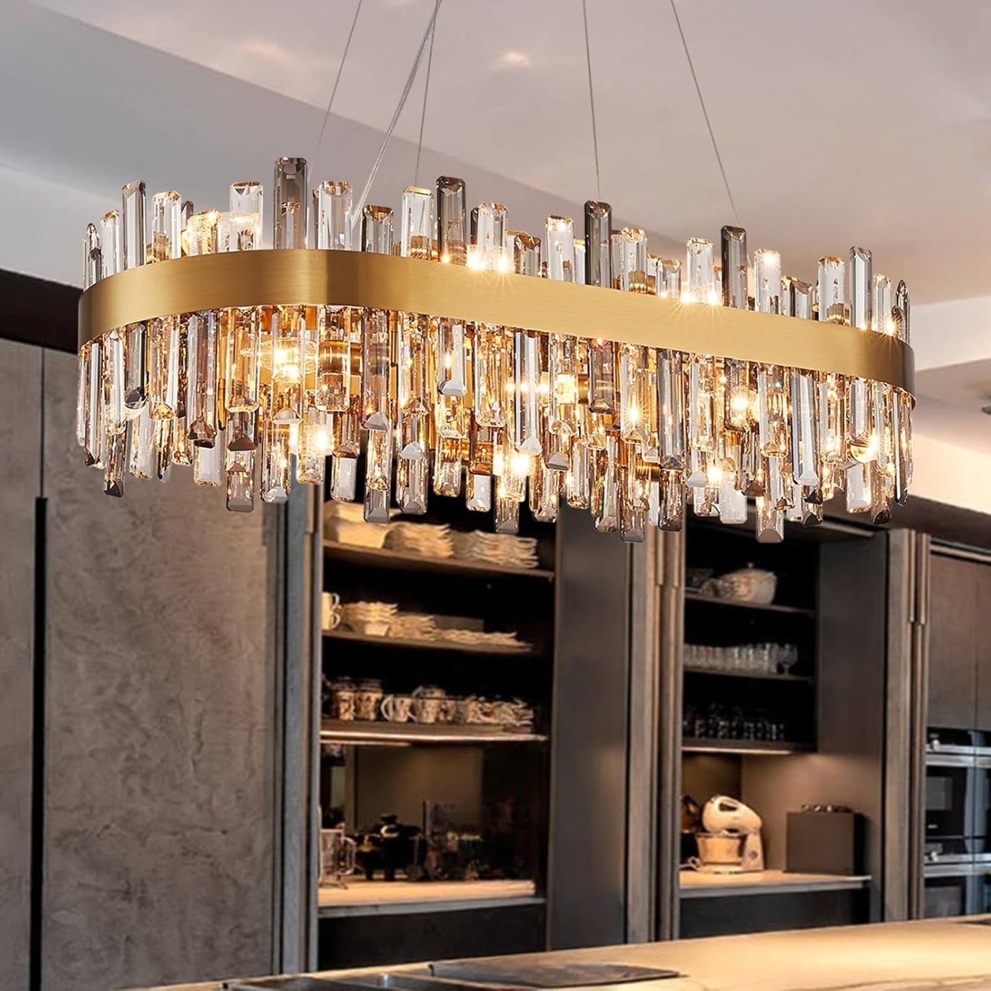 Siljoy Modern Crystal Chandelier 12-Light Brushed Gold 2-Tiers Crystal Raindrop Chandelier Adjustable Flush Mount Pendant Ceiling Light Fixture for Dining Living Room Foyer Entryway D23.6''