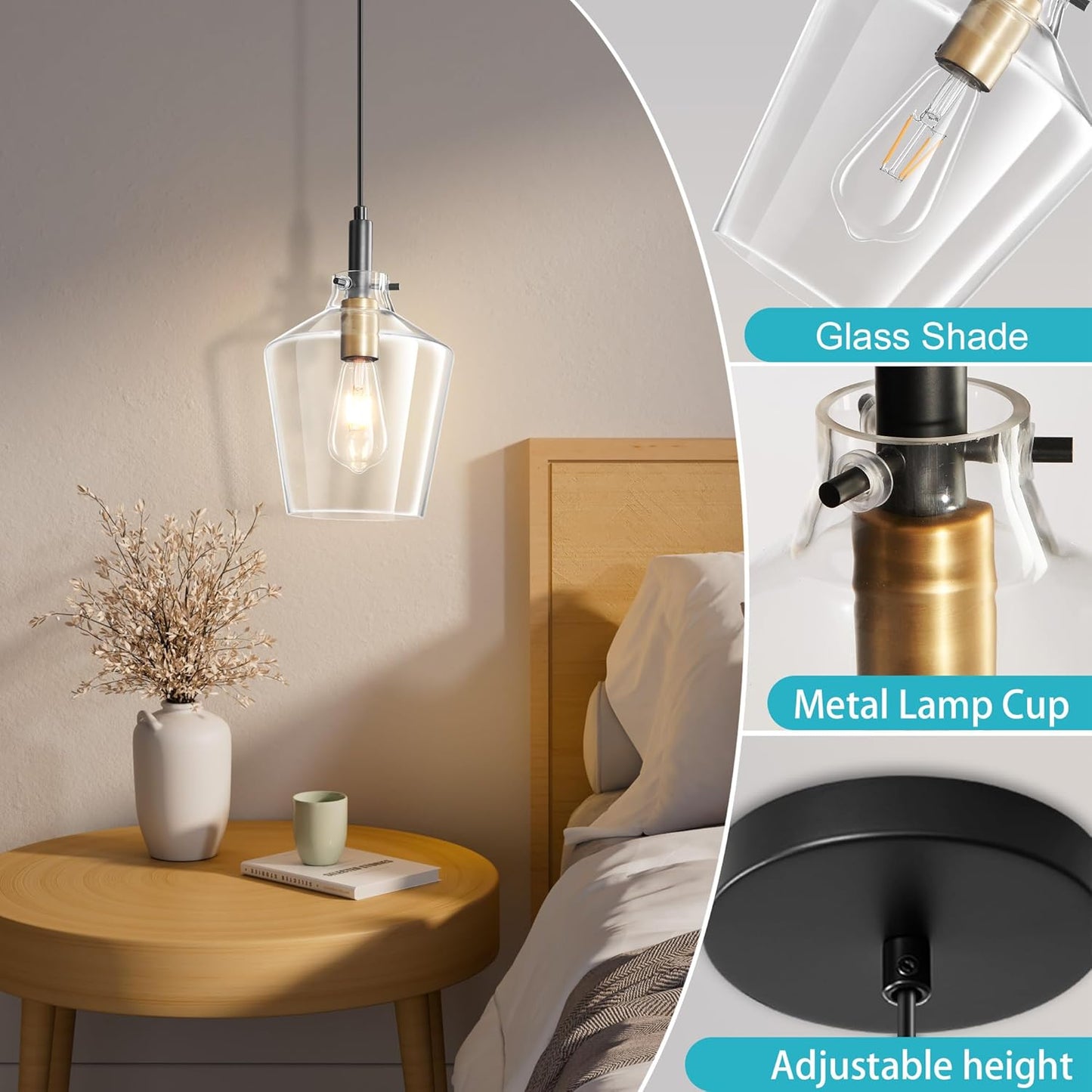 Modern Glass Pendant Lighting for Kitchen Island 2 Pack, Farmhouse Black and Gold Pendant Light Fixtures, Adjustable Hanging Ceiling Light, Angled Clear Glass Shades 8 Inch