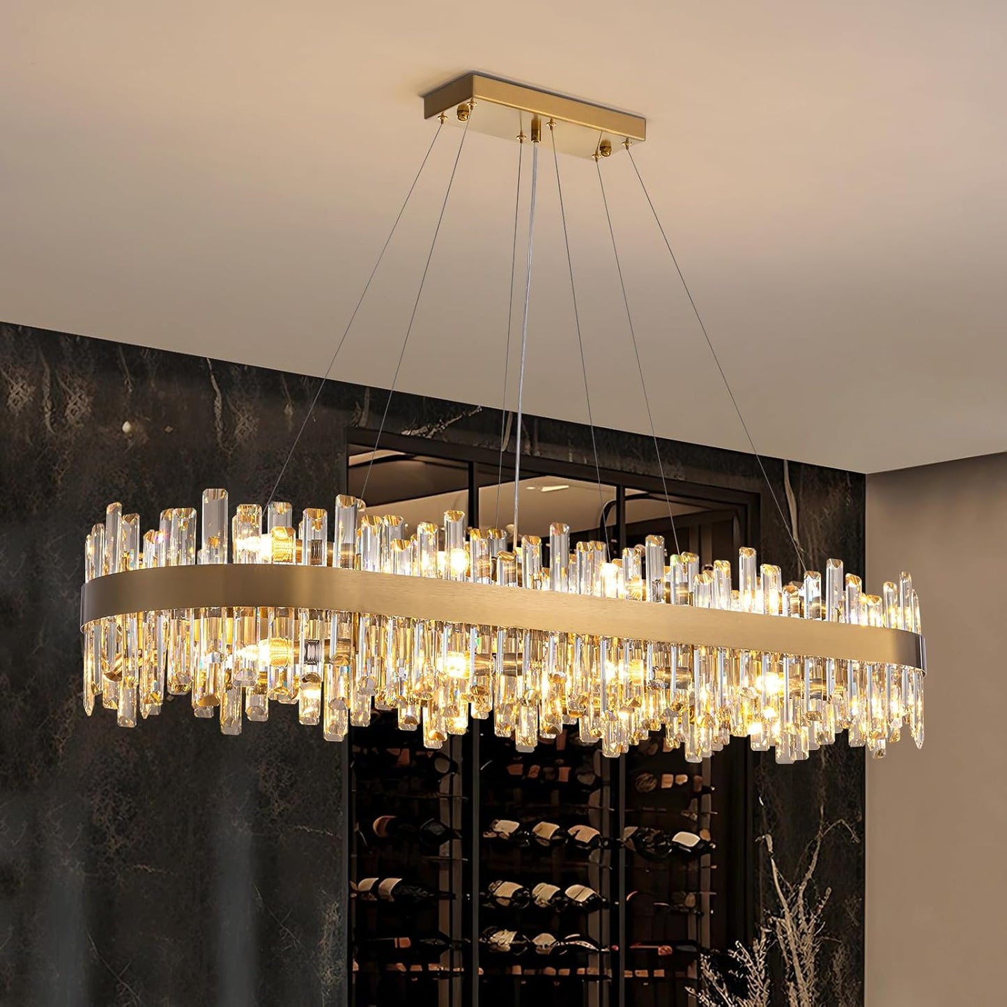 Siljoy Modern Crystal Chandelier 12-Light Brushed Gold 2-Tiers Crystal Raindrop Chandelier Adjustable Flush Mount Pendant Ceiling Light Fixture for Dining Living Room Foyer Entryway D23.6''