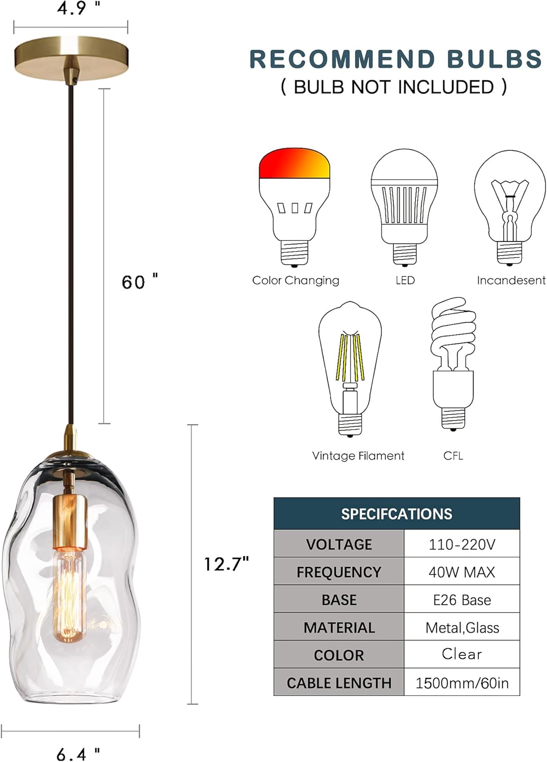 CASAMOTION Pendant Light Fixtures Glass Pendant Lights Kitchen Island Modern Gold Brass Kit Clear Organic Globe Bar Counter Dining Room Large Lamp Shade 12 Inch Height 1 Pack