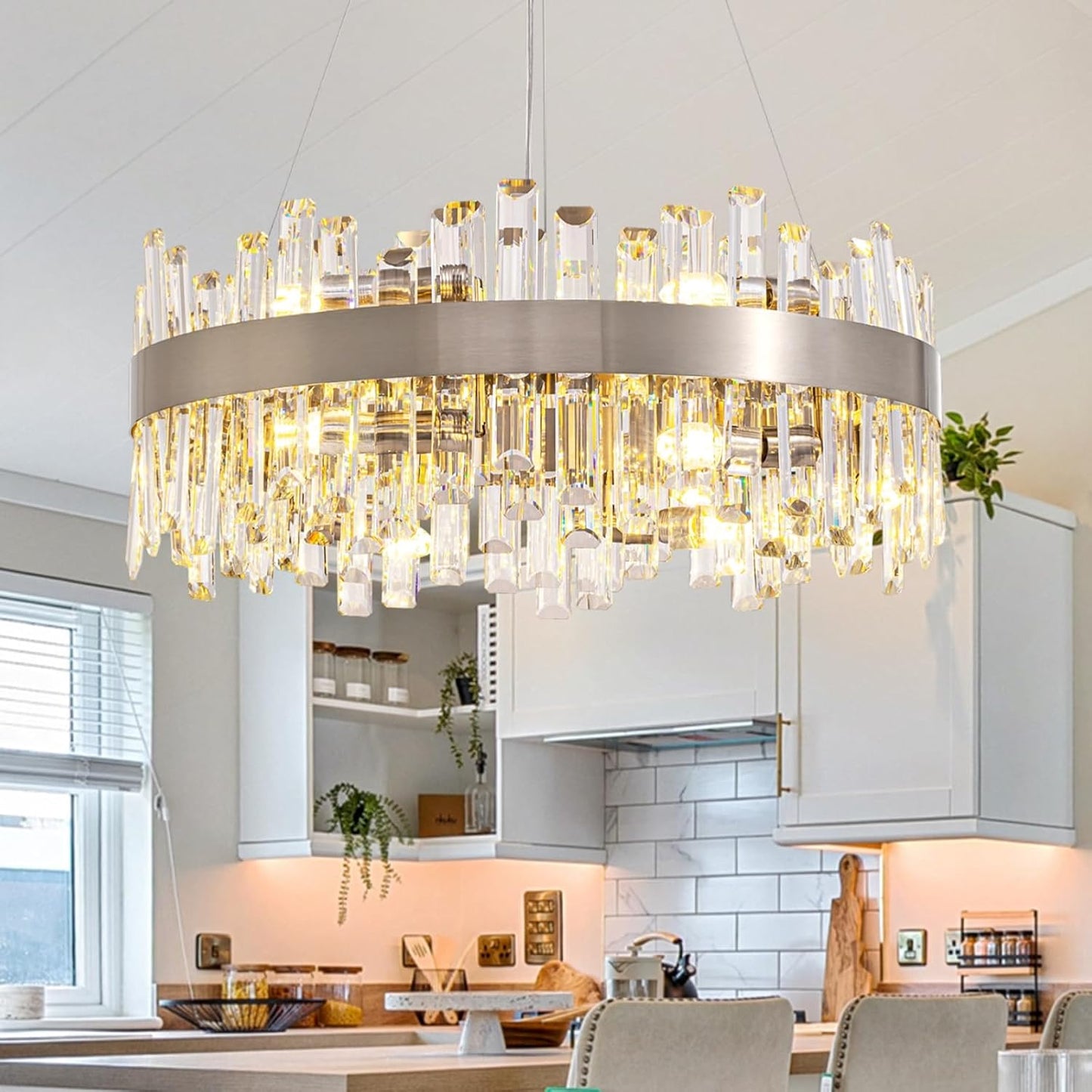 Siljoy Modern Crystal Chandelier 12-Light Brushed Gold 2-Tiers Crystal Raindrop Chandelier Adjustable Flush Mount Pendant Ceiling Light Fixture for Dining Living Room Foyer Entryway D23.6''