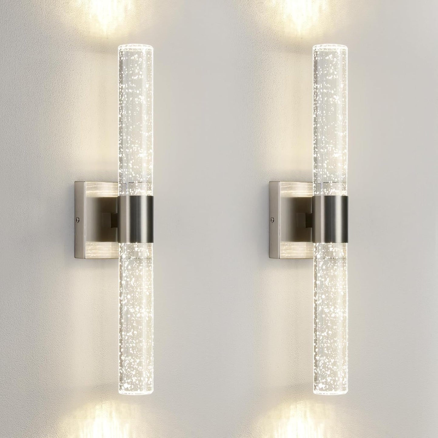 Wireless Wall Sconces Set of Two Battery Operated, 4000K Dimmable Crystal LED Bathroom Sconces Wall Lighting Modern Indoor Nickel Wall Lights for Bedroom Living Room