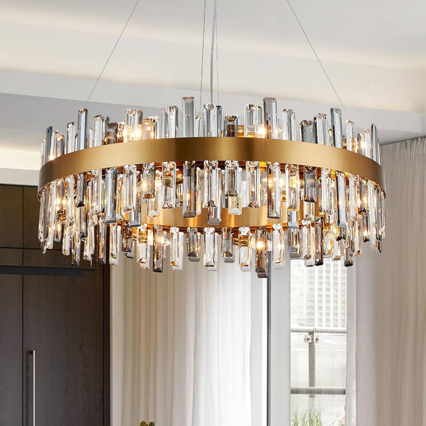 Siljoy Modern Crystal Chandelier 12-Light Brushed Gold 2-Tiers Crystal Raindrop Chandelier Adjustable Flush Mount Pendant Ceiling Light Fixture for Dining Living Room Foyer Entryway D23.6''