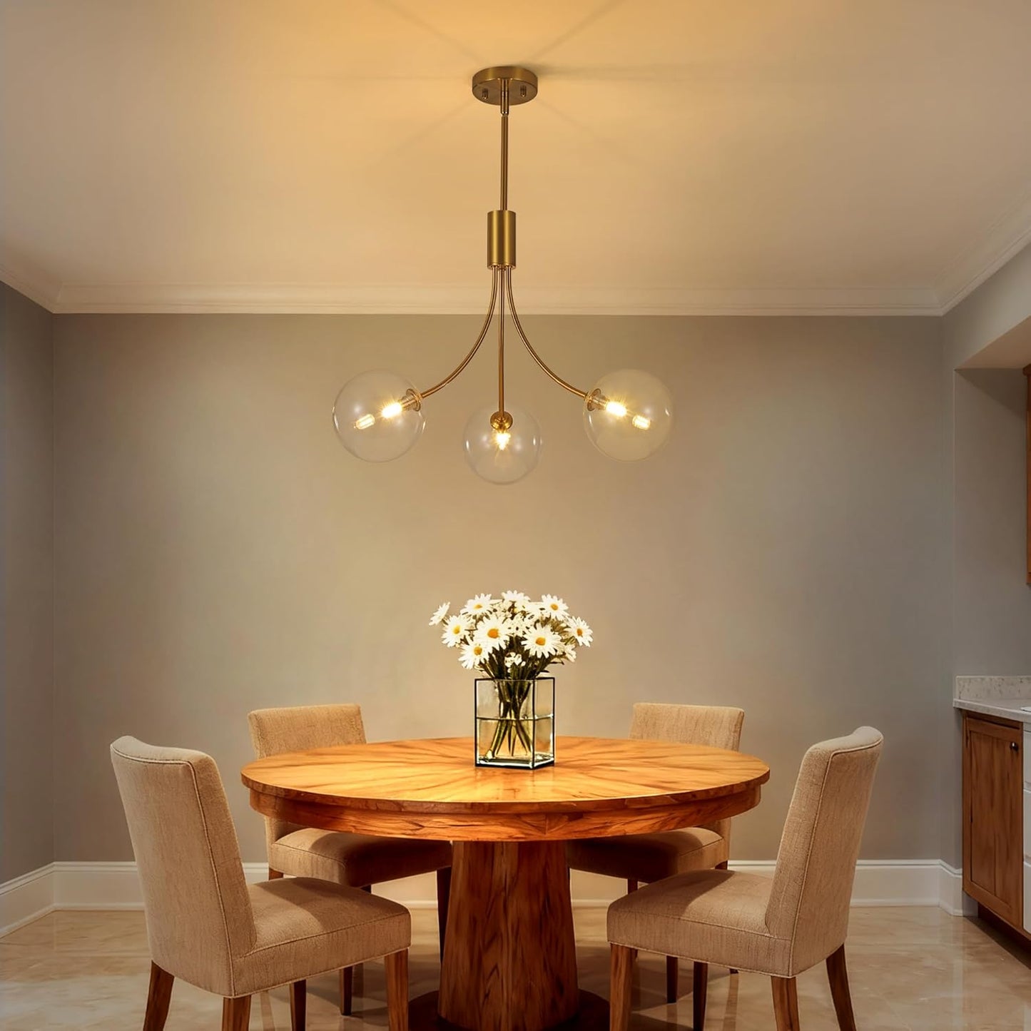 3-Light Gold Light Fixture for Kitchen,Modern Dining Room Light Fixture,Sputnik Chandeliers with Clear Glass Shade for Kitchen Island Living Room Bedroom Foyer Entryway,25.2in,G9.