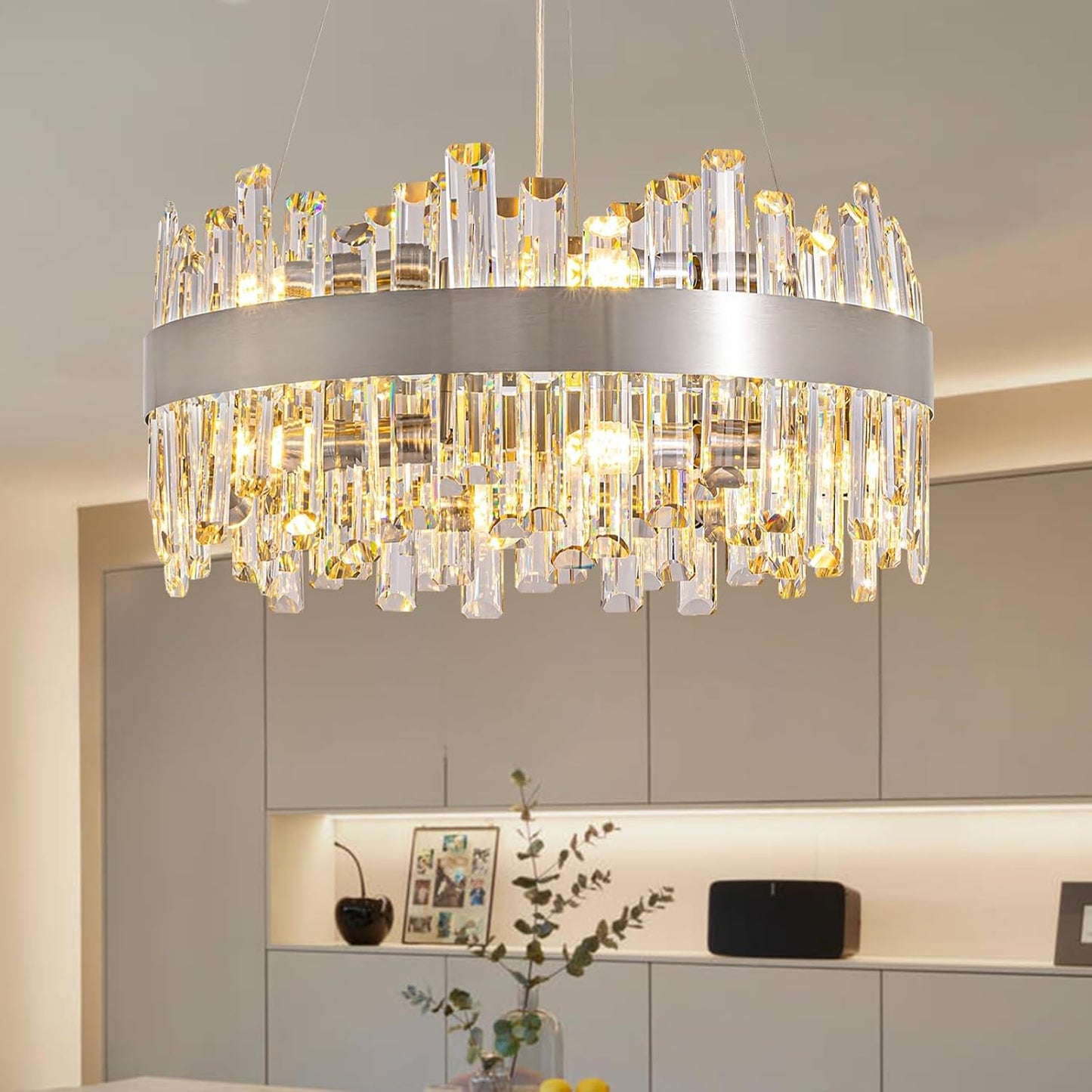 Siljoy Modern Crystal Chandelier 12-Light Brushed Gold 2-Tiers Crystal Raindrop Chandelier Adjustable Flush Mount Pendant Ceiling Light Fixture for Dining Living Room Foyer Entryway D23.6''